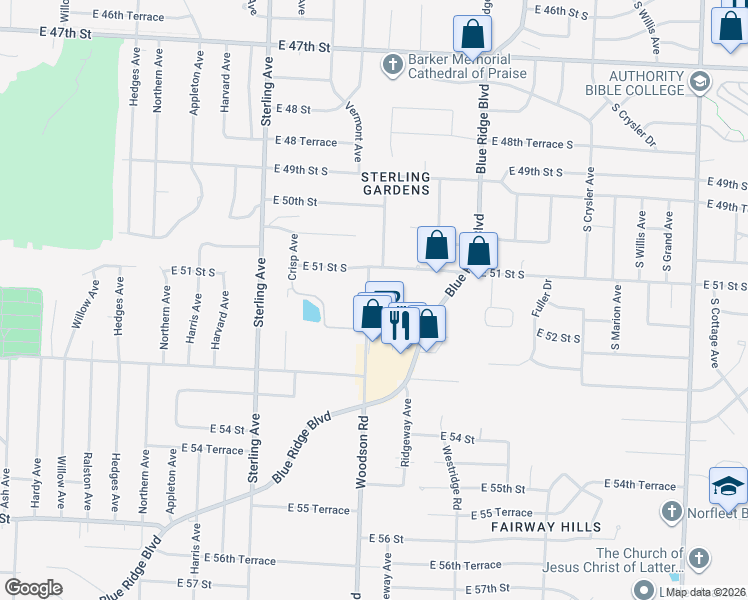 map of restaurants, bars, coffee shops, grocery stores, and more near 5109 Woodson Road in Raytown