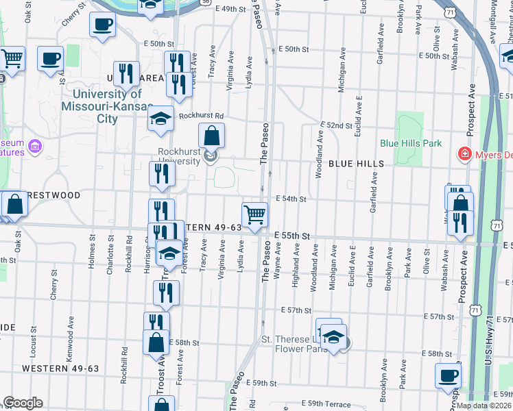 map of restaurants, bars, coffee shops, grocery stores, and more near in Kansas City