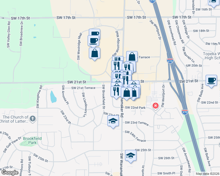 map of restaurants, bars, coffee shops, grocery stores, and more near 2106 Southwest Brookfield Street in Topeka