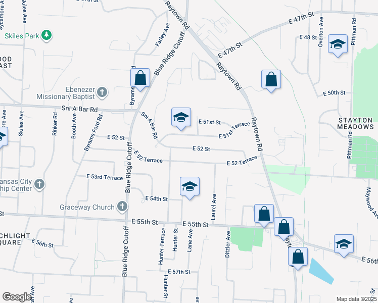 map of restaurants, bars, coffee shops, grocery stores, and more near 9027 East 52nd Street in Kansas City