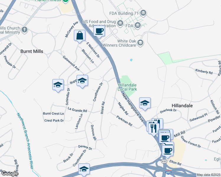 map of restaurants, bars, coffee shops, grocery stores, and more near 10505 Royal Road in Silver Spring
