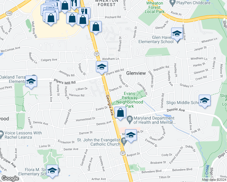 map of restaurants, bars, coffee shops, grocery stores, and more near 2114 Dayton Street in Silver Spring