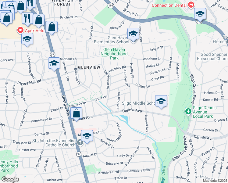 map of restaurants, bars, coffee shops, grocery stores, and more near 1714 Gridley Lane in Silver Spring