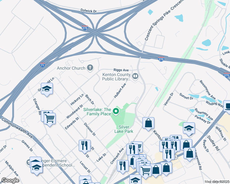 map of restaurants, bars, coffee shops, grocery stores, and more near 3120 Hulbert Ave in Erlanger