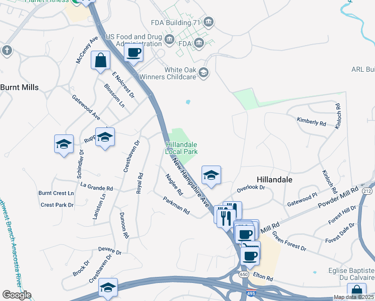 map of restaurants, bars, coffee shops, grocery stores, and more near in Silver Spring