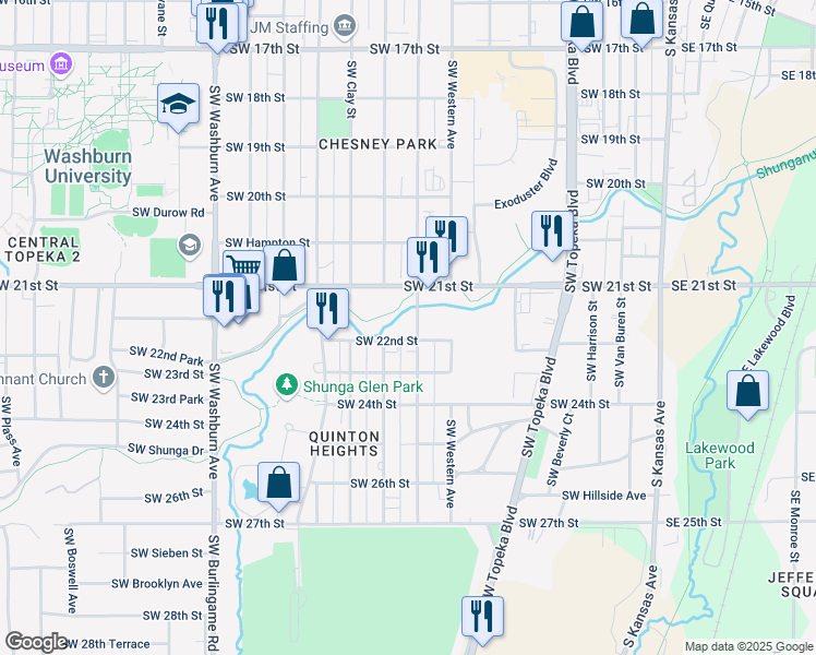 map of restaurants, bars, coffee shops, grocery stores, and more near 2135 Southwest Fillmore Street in Topeka
