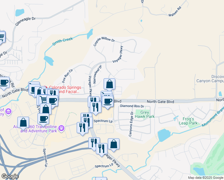 map of restaurants, bars, coffee shops, grocery stores, and more near 13570 Northgate Estates Drive in Colorado Springs