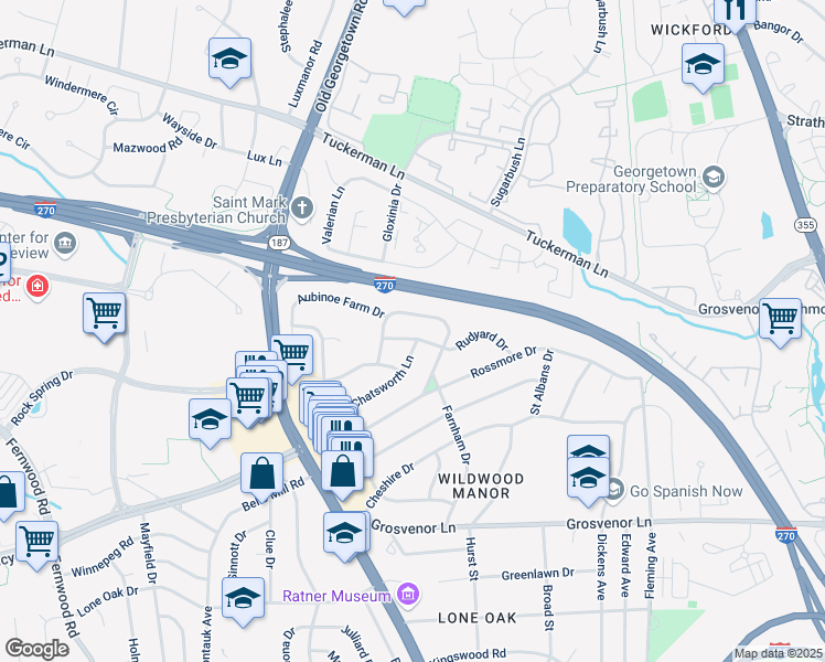 map of restaurants, bars, coffee shops, grocery stores, and more near 6101 Rudyard Drive in Bethesda