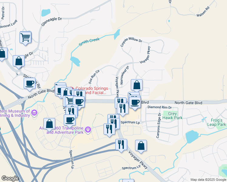 map of restaurants, bars, coffee shops, grocery stores, and more near 13639 Cliffbush Terrace in Colorado Springs