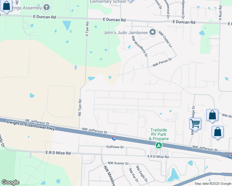 map of restaurants, bars, coffee shops, grocery stores, and more near 1415 Northwest Hilltop Lane in Grain Valley