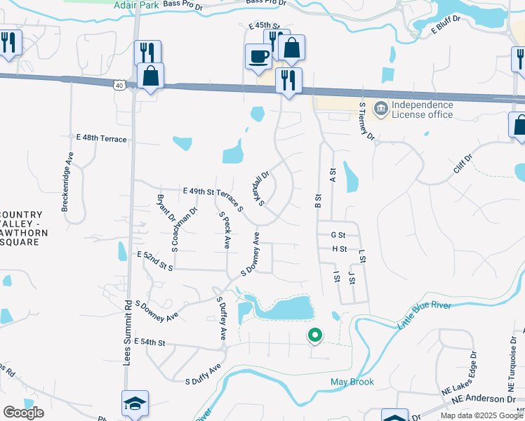 map of restaurants, bars, coffee shops, grocery stores, and more near 5008 Kendall Drive in Independence
