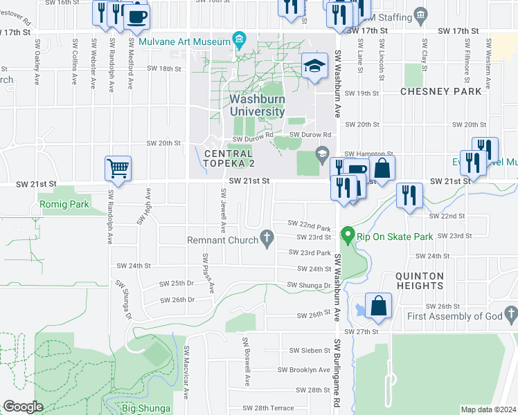 map of restaurants, bars, coffee shops, grocery stores, and more near 2120 Southwest Potomac Drive in Topeka