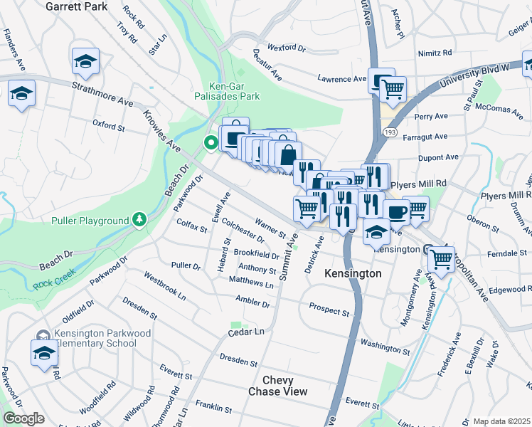 map of restaurants, bars, coffee shops, grocery stores, and more near 4118 Knowles Avenue in Kensington