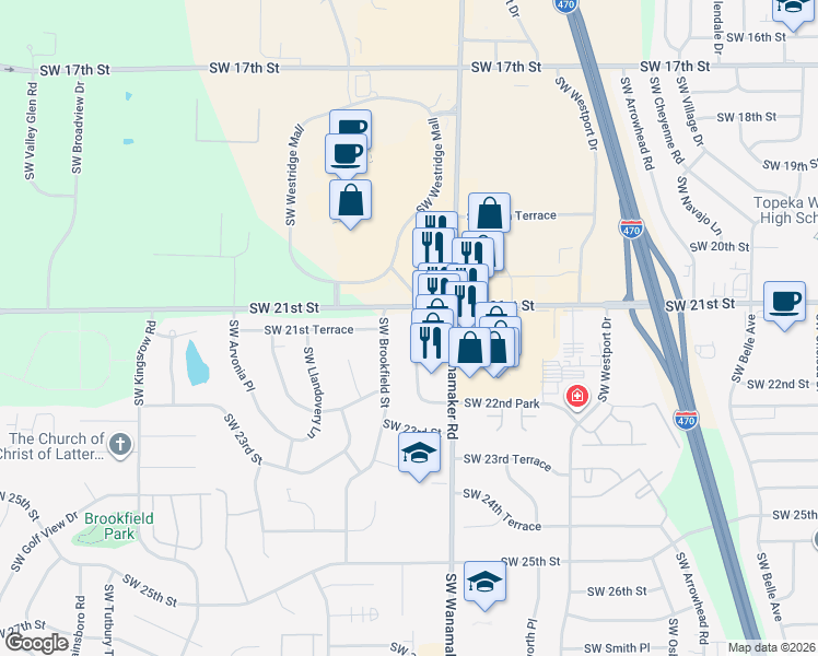 map of restaurants, bars, coffee shops, grocery stores, and more near 2106 Southwest Brookfield Street in Topeka