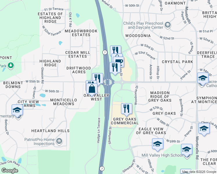 map of restaurants, bars, coffee shops, grocery stores, and more near 5539 Kansas 7 in Shawnee