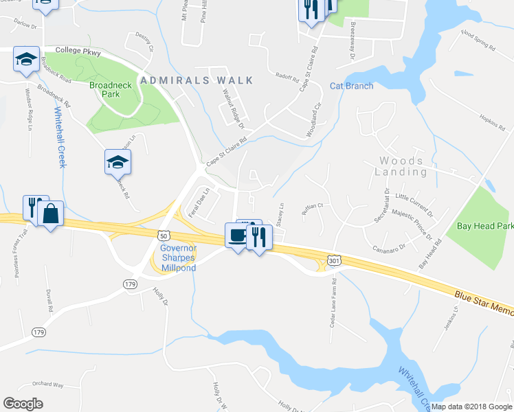 map of restaurants, bars, coffee shops, grocery stores, and more near 1612 Katheryne Village Square in Annapolis