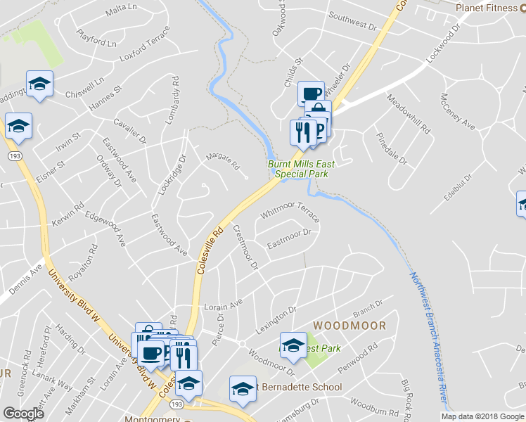 map of restaurants, bars, coffee shops, grocery stores, and more near 120 Whitmoor Terrace in Silver Spring