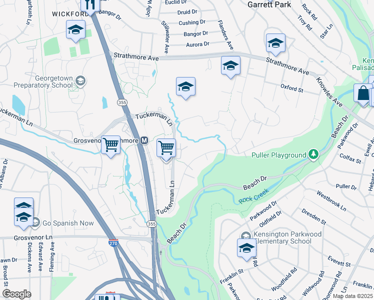 map of restaurants, bars, coffee shops, grocery stores, and more near 10401 Strathmore Park Court in Rockville