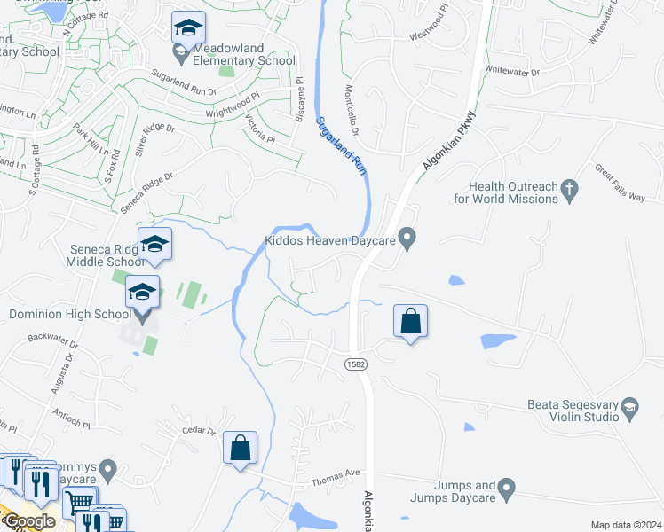 map of restaurants, bars, coffee shops, grocery stores, and more near 21211 Edgewood Court in Sterling