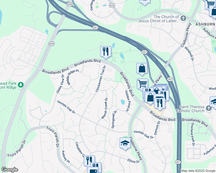 map of restaurants, bars, coffee shops, grocery stores, and more near 42920 Cattail Meadows Place in Broadlands