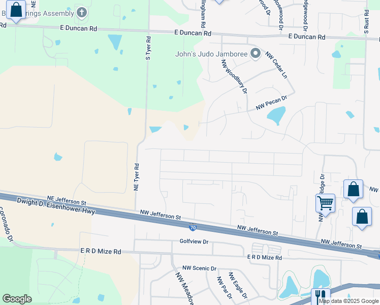 map of restaurants, bars, coffee shops, grocery stores, and more near 1415 Northwest Hilltop Lane in Grain Valley