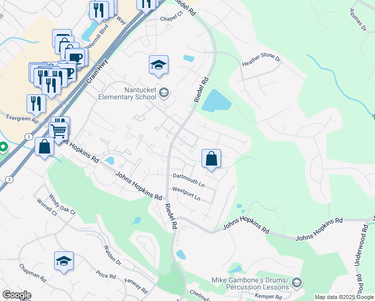 map of restaurants, bars, coffee shops, grocery stores, and more near 2309 Laconia Court in Crofton