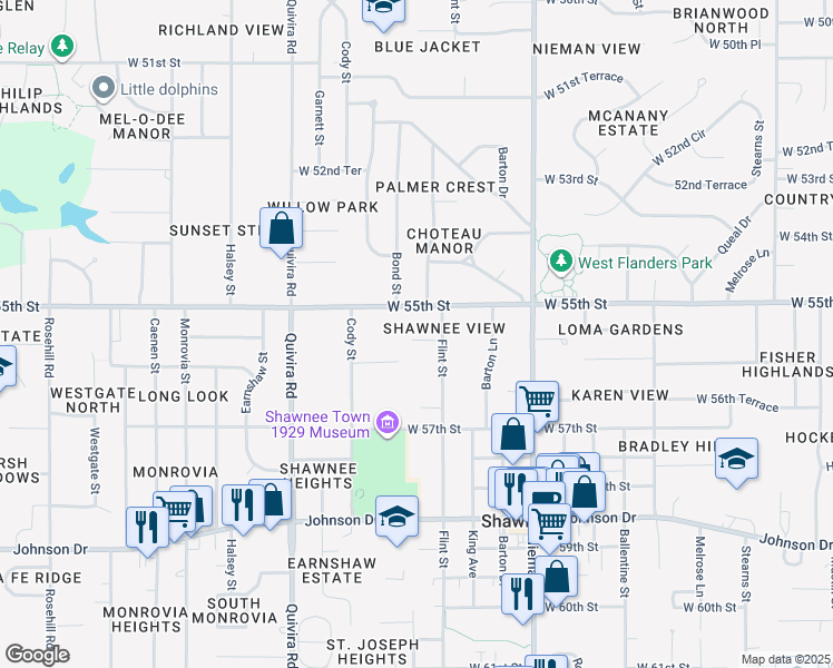 map of restaurants, bars, coffee shops, grocery stores, and more near 11414 West 55th Terrace in Shawnee