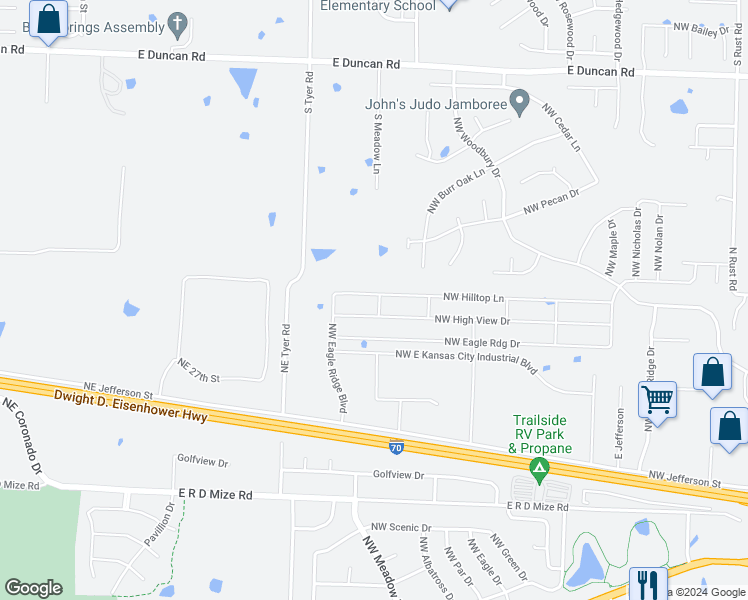 map of restaurants, bars, coffee shops, grocery stores, and more near 1601 Northwest Hilltop Lane in Grain Valley