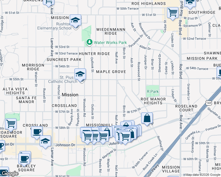 map of restaurants, bars, coffee shops, grocery stores, and more near 5521 Maple Street in Mission