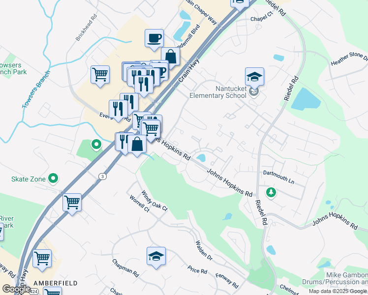 map of restaurants, bars, coffee shops, grocery stores, and more near 1470 Orleans Court in Crofton