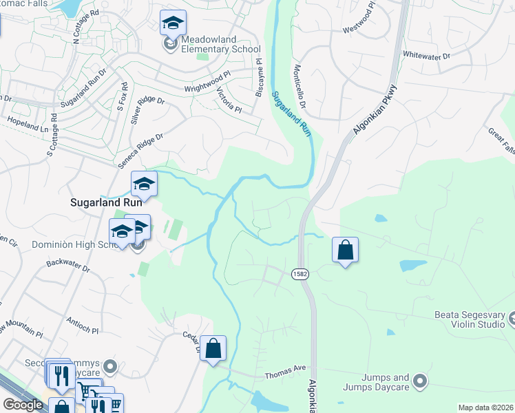 map of restaurants, bars, coffee shops, grocery stores, and more near 47212 Redbark Place in Sterling