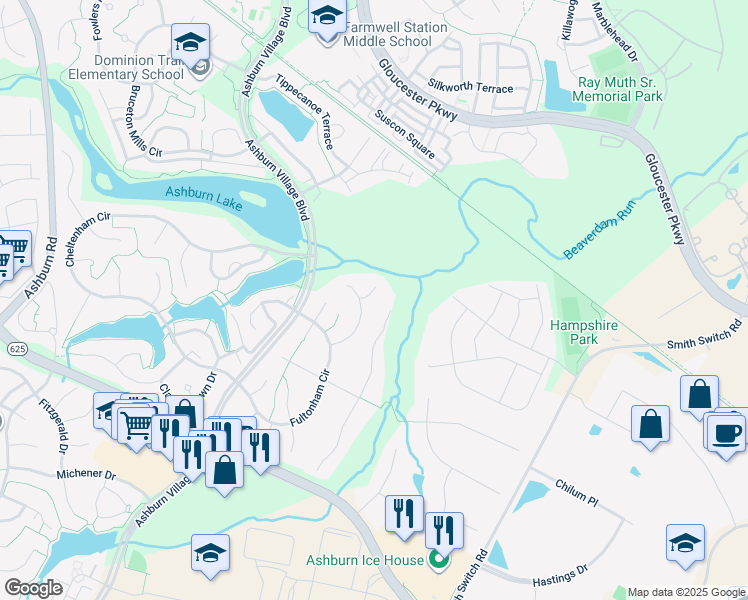map of restaurants, bars, coffee shops, grocery stores, and more near 44211 Palladian Court in Ashburn