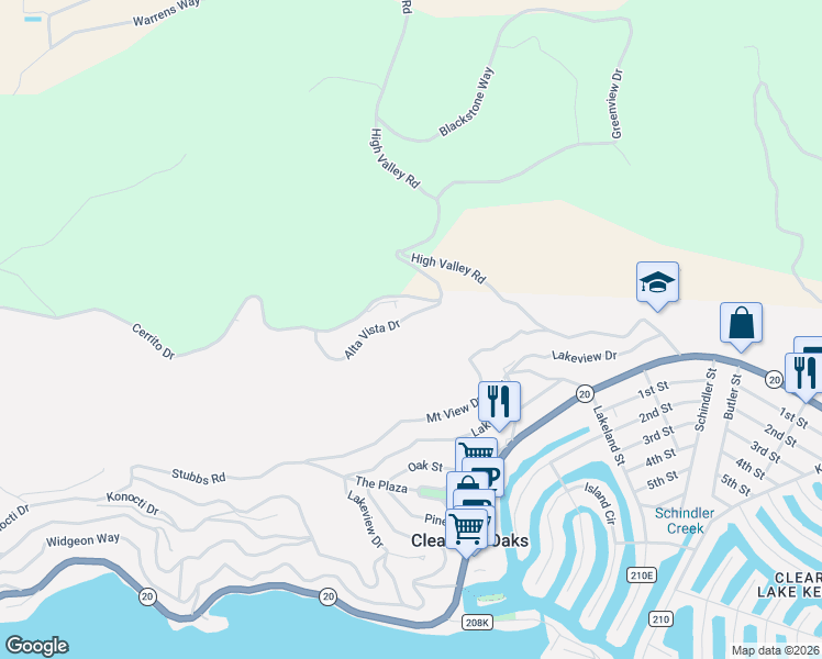 map of restaurants, bars, coffee shops, grocery stores, and more near 12433 Alta Vista Drive in Clearlake Oaks