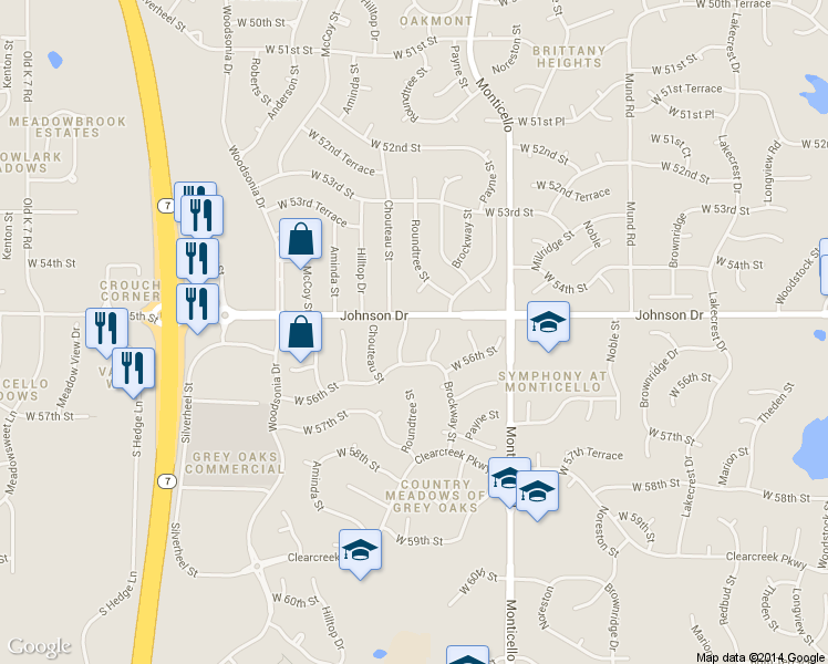 map of restaurants, bars, coffee shops, grocery stores, and more near 5505 Roundtree St in Shawnee