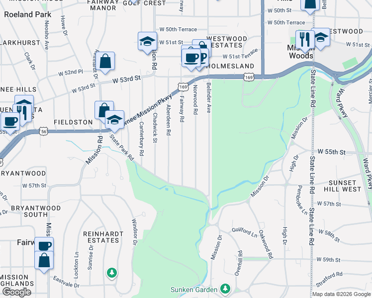map of restaurants, bars, coffee shops, grocery stores, and more near 5537 Fairway Road in Fairway
