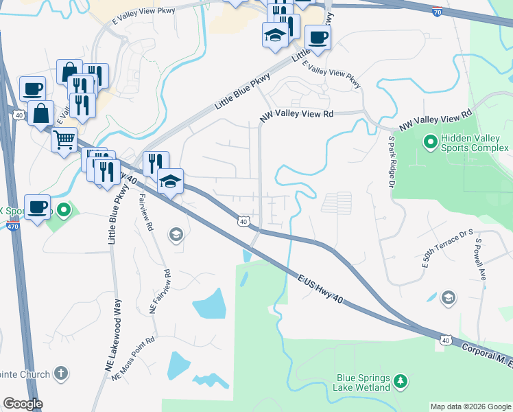 map of restaurants, bars, coffee shops, grocery stores, and more near 40 South Valley View Road in Blue Springs