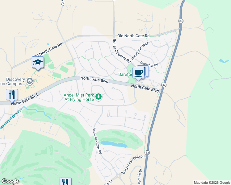 map of restaurants, bars, coffee shops, grocery stores, and more near 13604 Random Ridge View in Colorado Springs