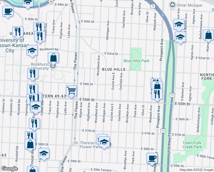 map of restaurants, bars, coffee shops, grocery stores, and more near 5401 Michigan Avenue in Kansas City
