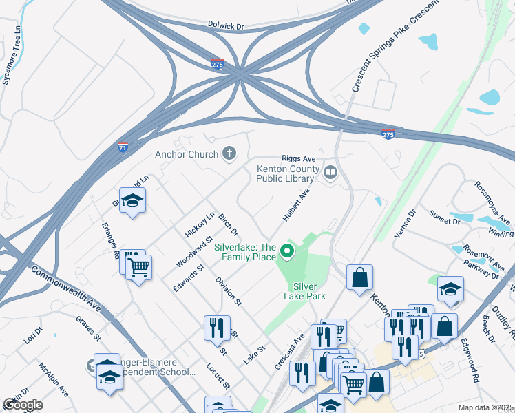 map of restaurants, bars, coffee shops, grocery stores, and more near 3124 Churchill Avenue in Erlanger