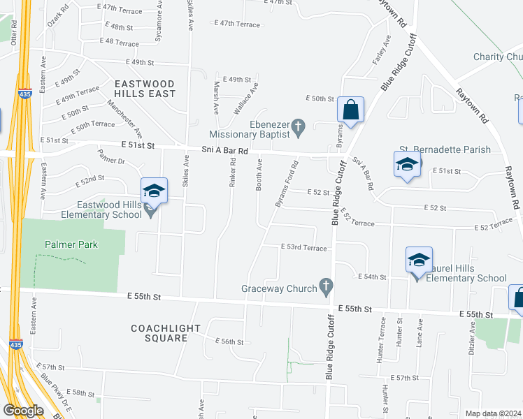 map of restaurants, bars, coffee shops, grocery stores, and more near 5137 Booth Avenue in Kansas City