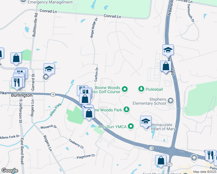 map of restaurants, bars, coffee shops, grocery stores, and more near 2316 Northmoor Lane in Burlington