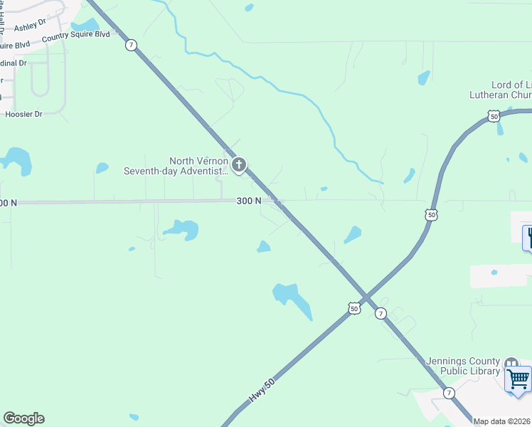 map of restaurants, bars, coffee shops, grocery stores, and more near 2995 State Highway 7 in North Vernon