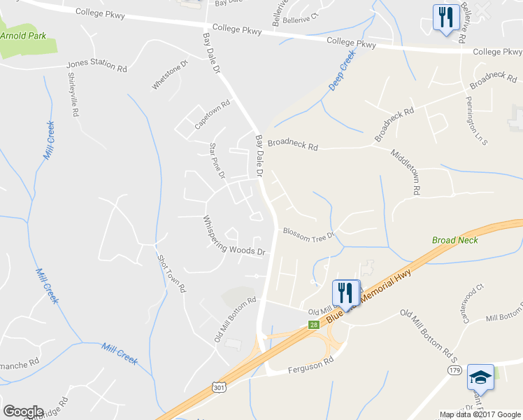 map of restaurants, bars, coffee shops, grocery stores, and more near 1762 Woodtree Court West in Annapolis