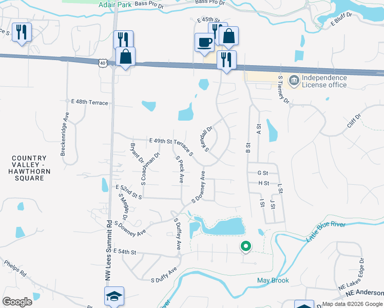 map of restaurants, bars, coffee shops, grocery stores, and more near 16912 East 49th Street Terrace South in Independence