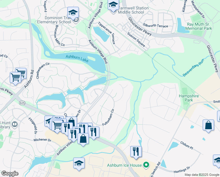 map of restaurants, bars, coffee shops, grocery stores, and more near 21255 Olive Green Court in Ashburn