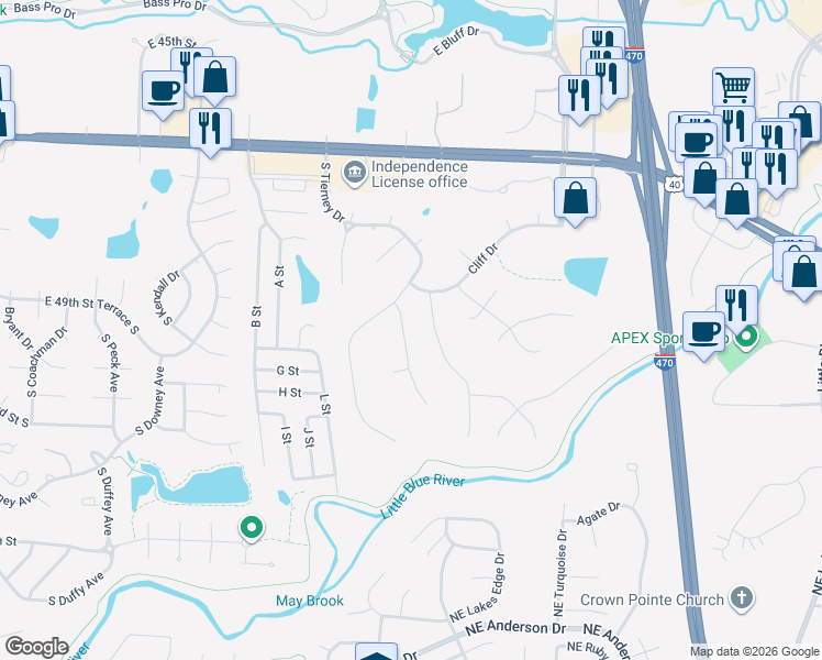map of restaurants, bars, coffee shops, grocery stores, and more near 4925 South Conway Court in Independence