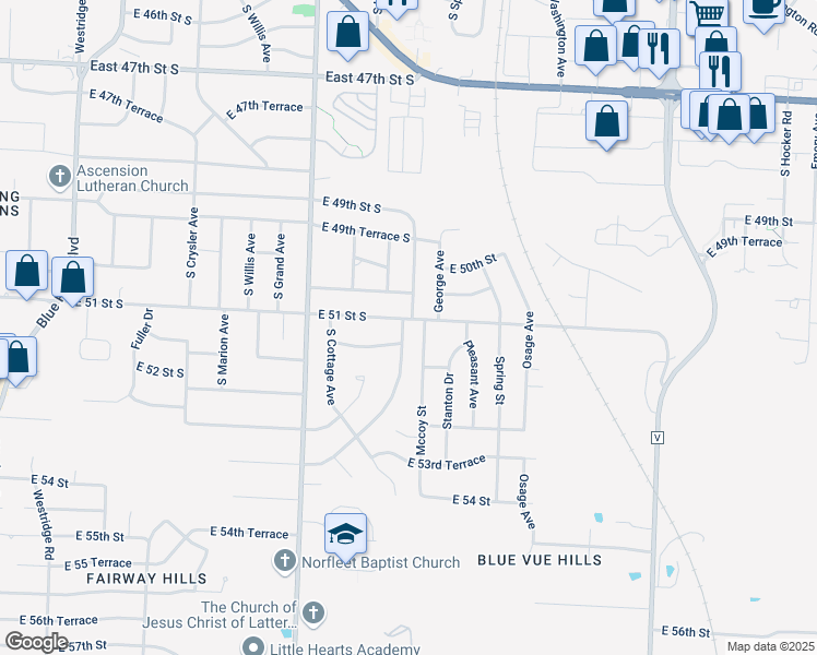 map of restaurants, bars, coffee shops, grocery stores, and more near 13013 East 51 Street South in Independence