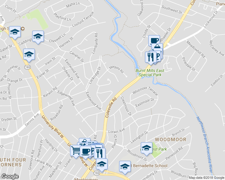 map of restaurants, bars, coffee shops, grocery stores, and more near 75 Kinsman View Circle in Silver Spring