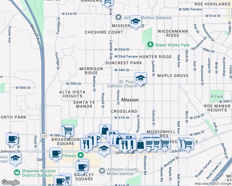 map of restaurants, bars, coffee shops, grocery stores, and more near 5531 Horton Street in Mission