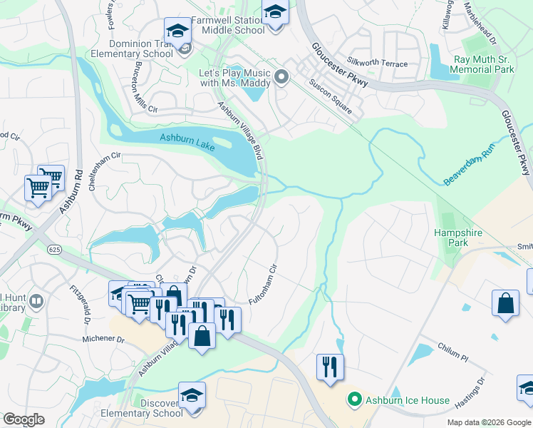 map of restaurants, bars, coffee shops, grocery stores, and more near 21255 Olive Green Court in Ashburn
